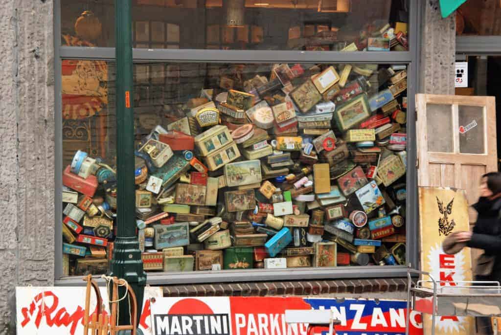 A store piled up with trash and boxes