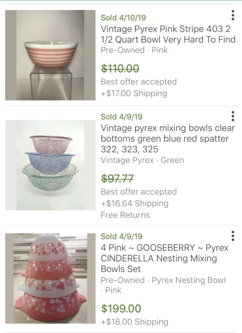 Sold Pyrex prices on eBay