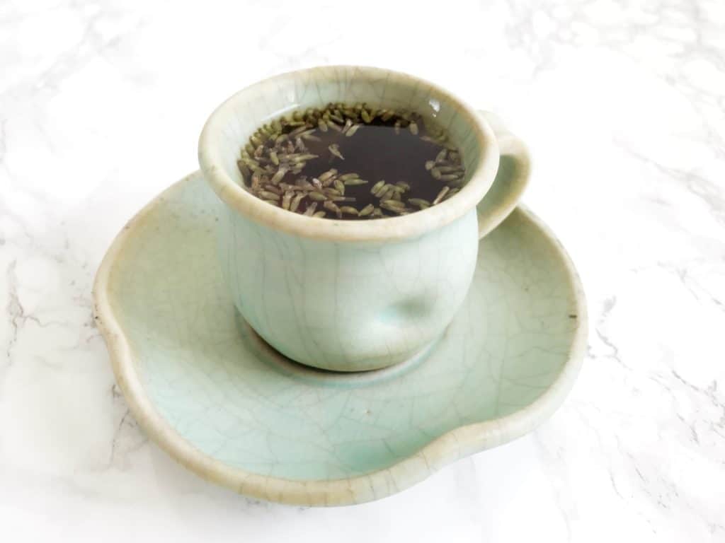 Lavender Earl Grey tea in aqua teacup