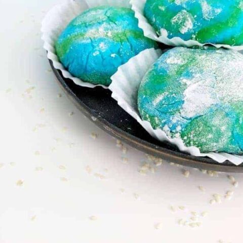 Close up of microwave mochi in green and blue