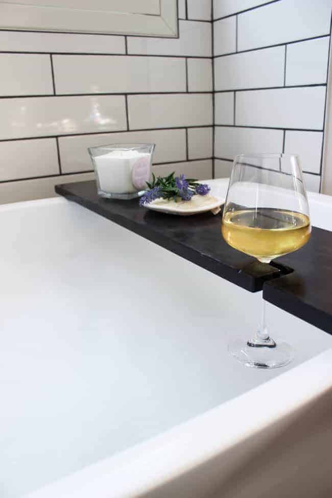 DIY wood bath table with wine holder