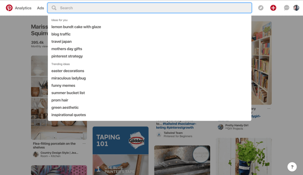 Pinterest search engine drop-down menu
