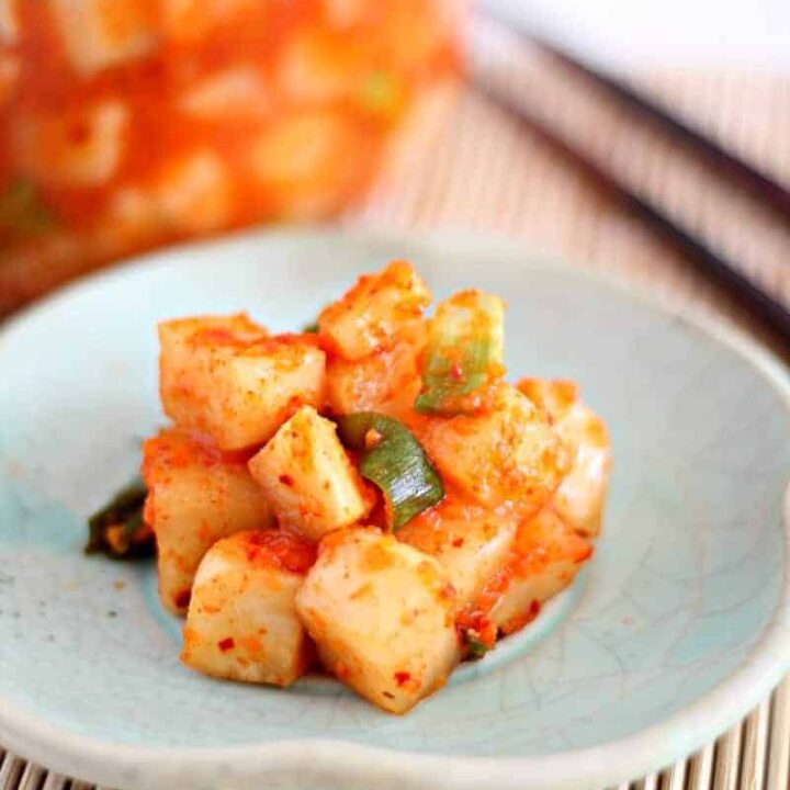 Close up of radish kimchi on a plate