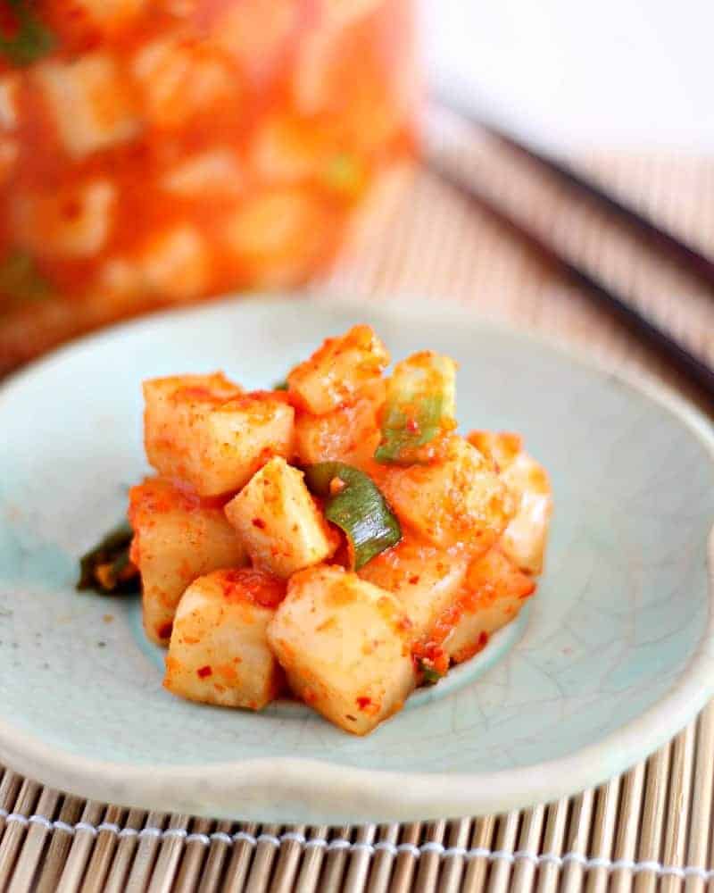 Close up of radish kimchi on a plate