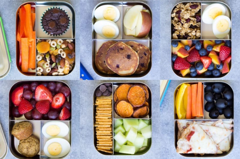 Easy healthy lunches boxes on a grey table