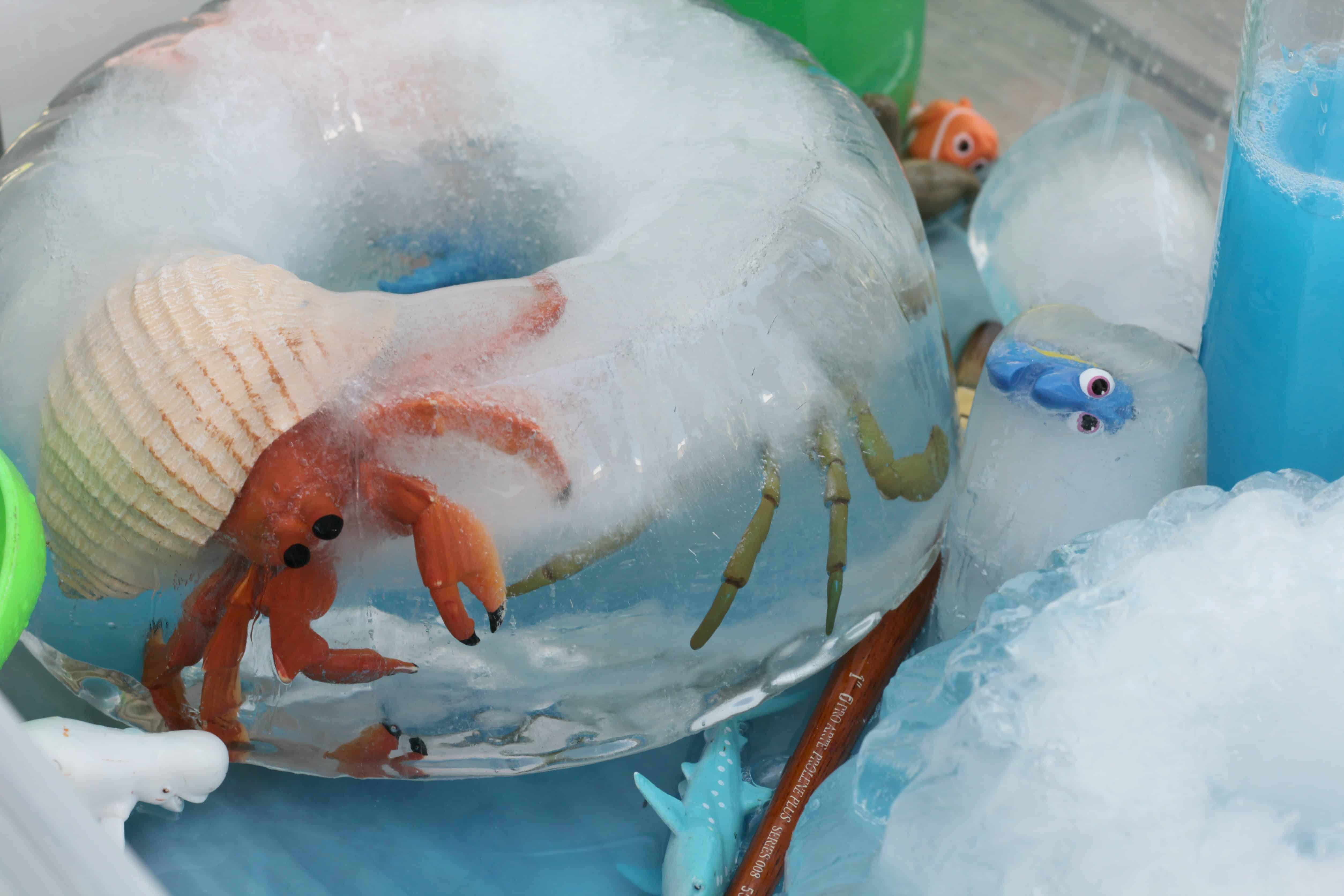 A toy crab and Dory frozen in ice 