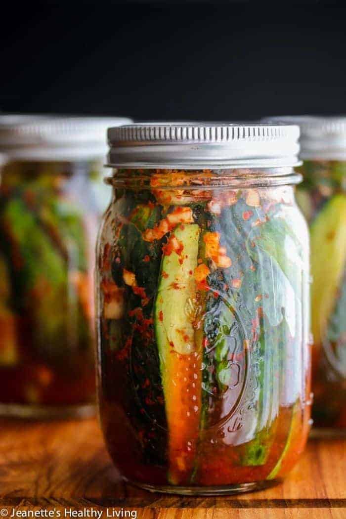 Green Korean spicy pickles in a jar