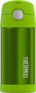 A green metal thermos