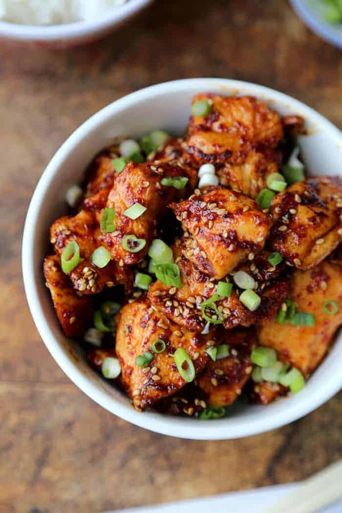 Korean sticky chicken in a bowl