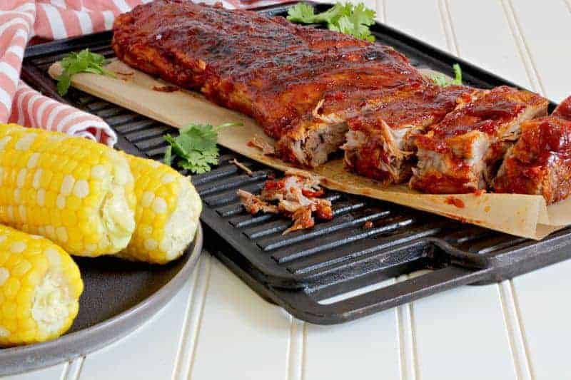 Instant Pot BBQ ribs and corn on a table