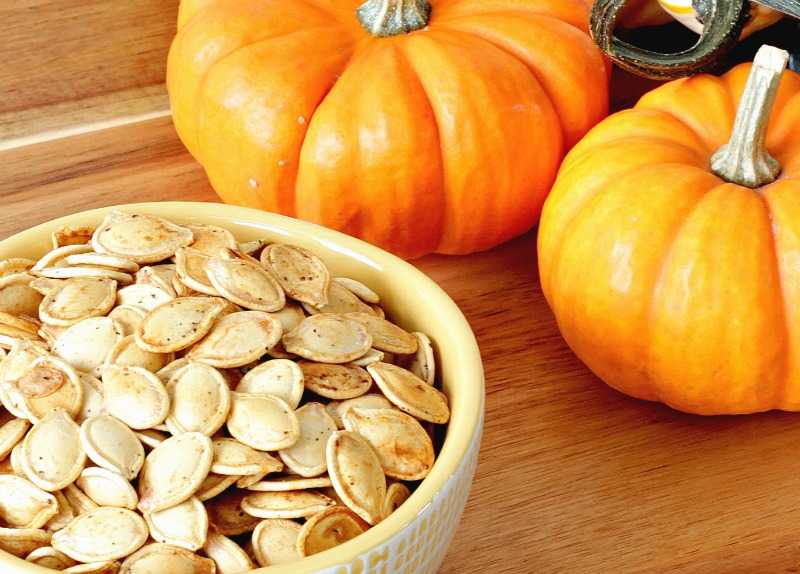 Close up of pumpkin seeds in a bowl