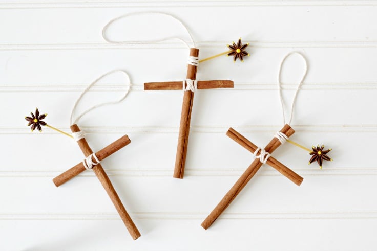 Close up of cinnamon stick ornaments shaped like crosses