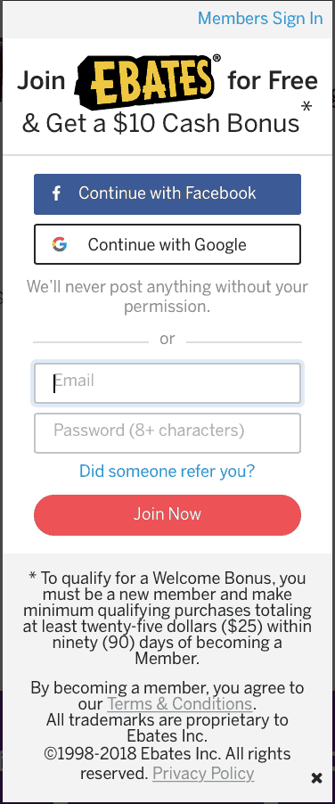 An Ebates sign up portal