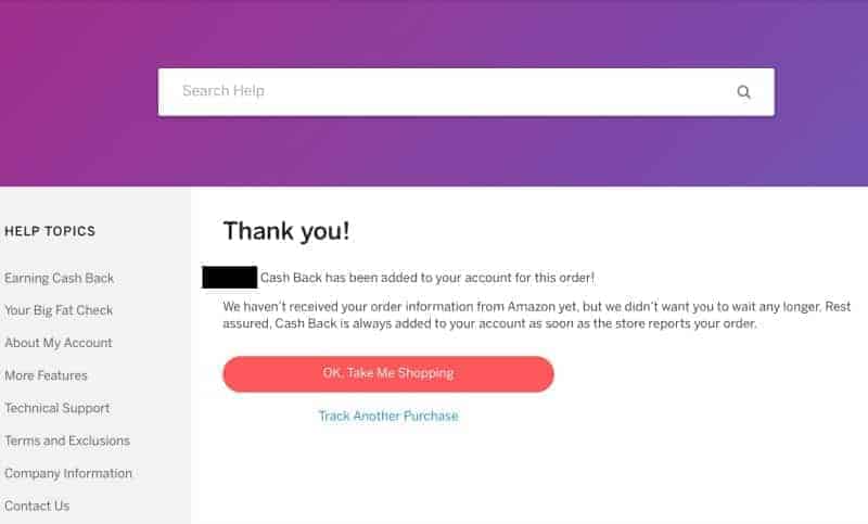 Screenshot of Ebates great customer service