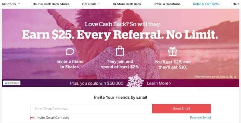 The Ebates referral program screenshot