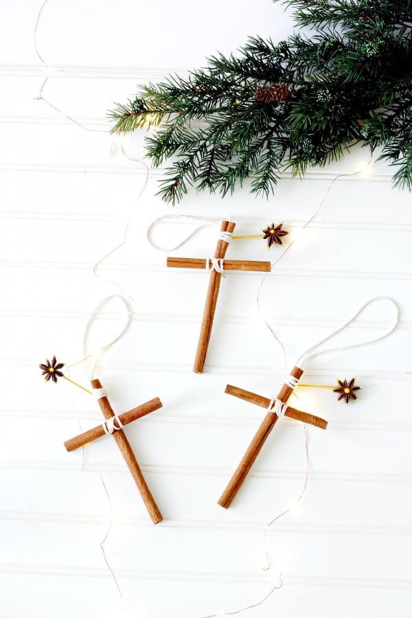 Close up of cinnamon stick cross ornaments