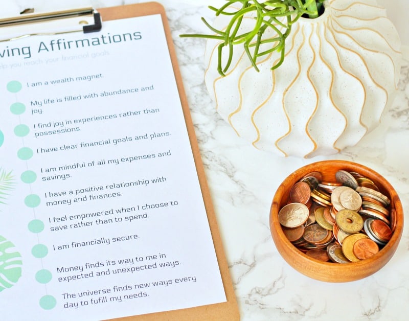 Close up of a printable frugal living affirmations list