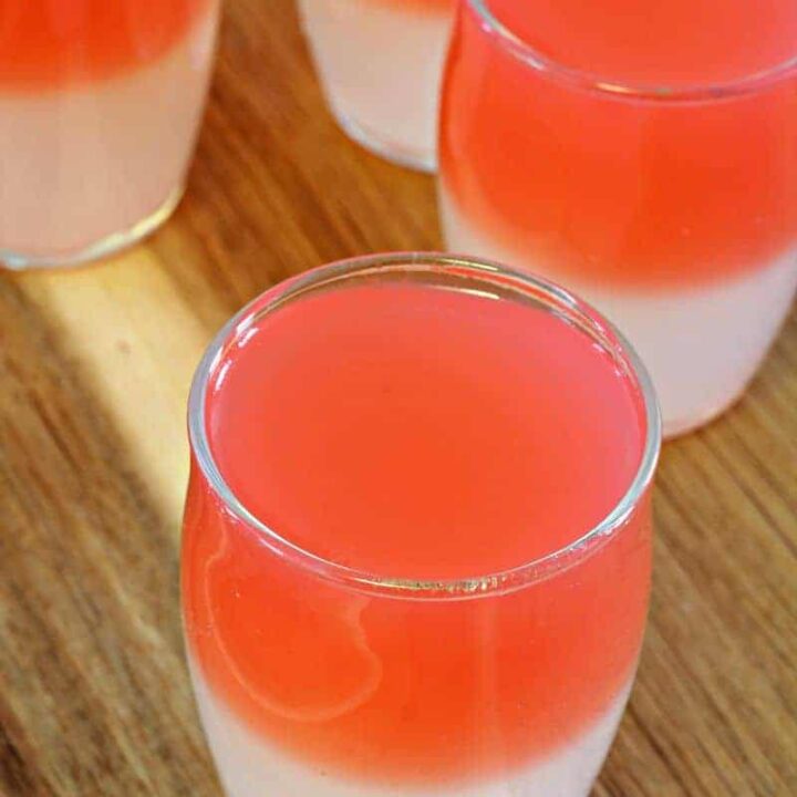 Close up of red rosewater jelly fruit cups