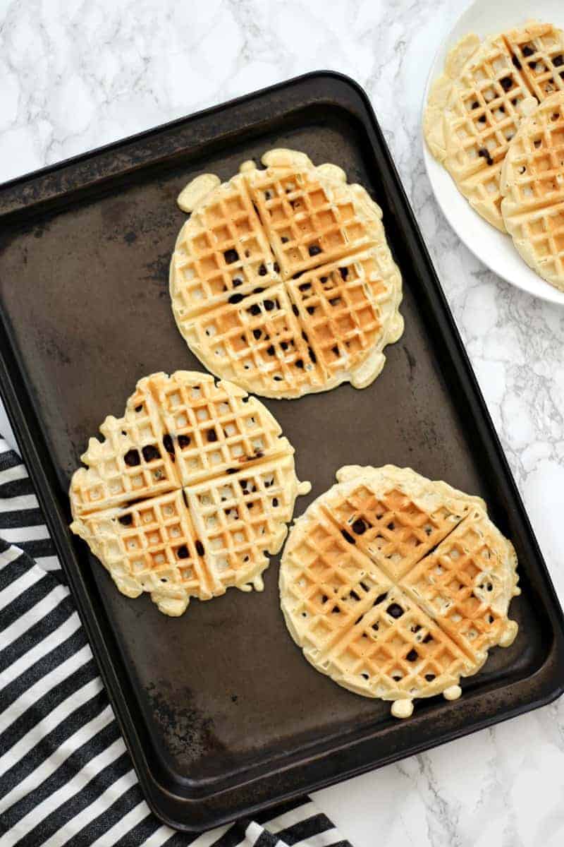 Freezing waffles flat on a cookie sheet