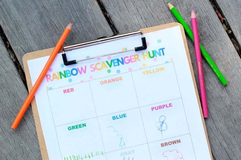 Close up of a rainbow scavenger hunt worksheet