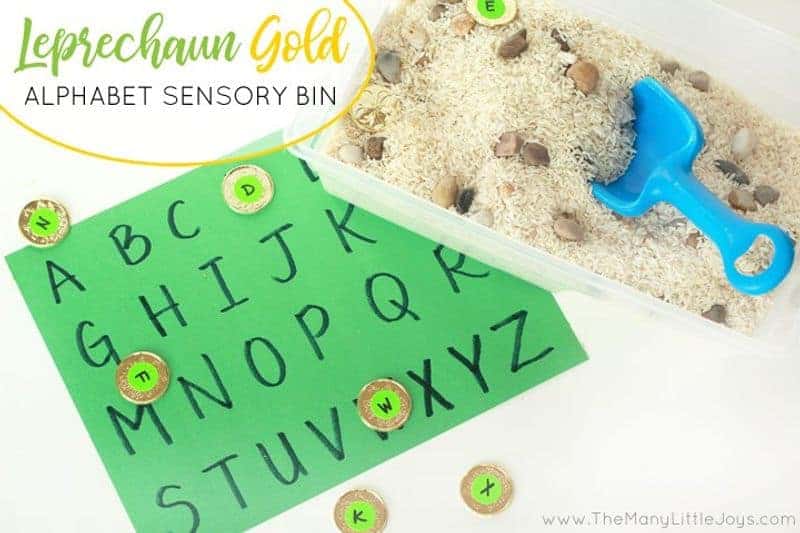 A St. Patrick's Day rice sensory bin