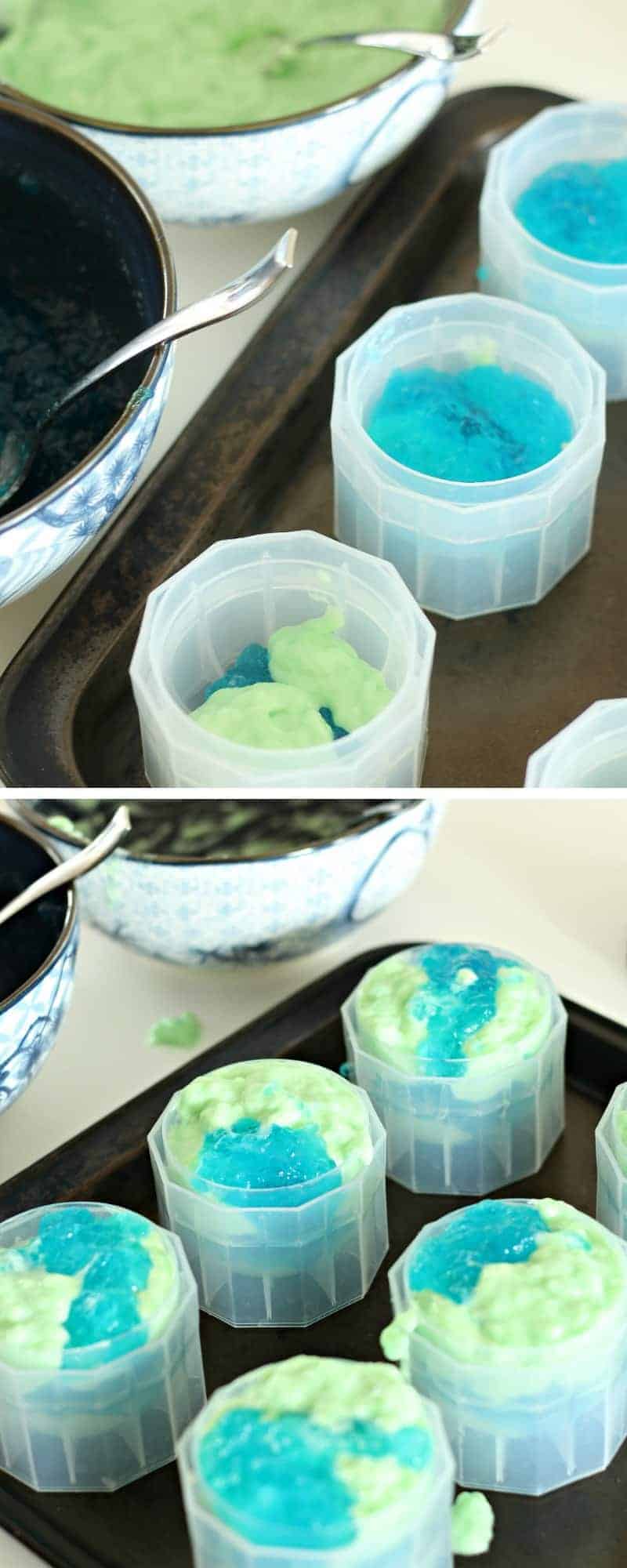 Filling the jello ball molds with green and blue jello