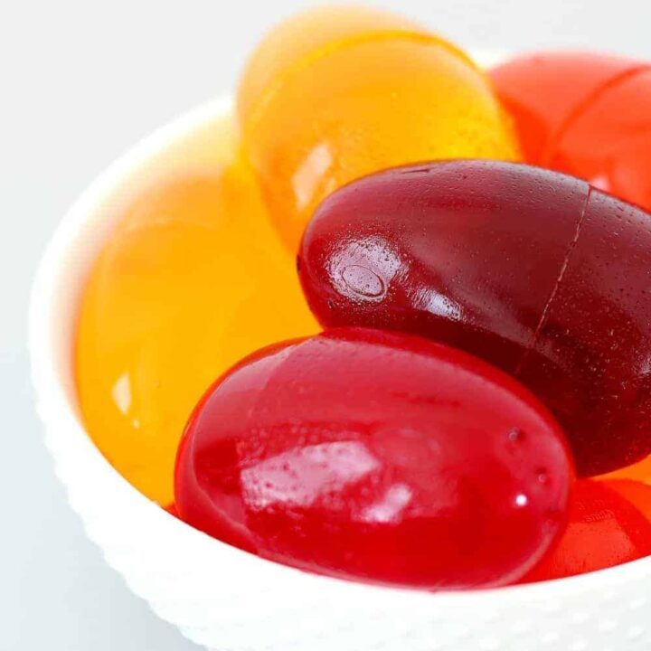 A white bowl full of Jello eggs