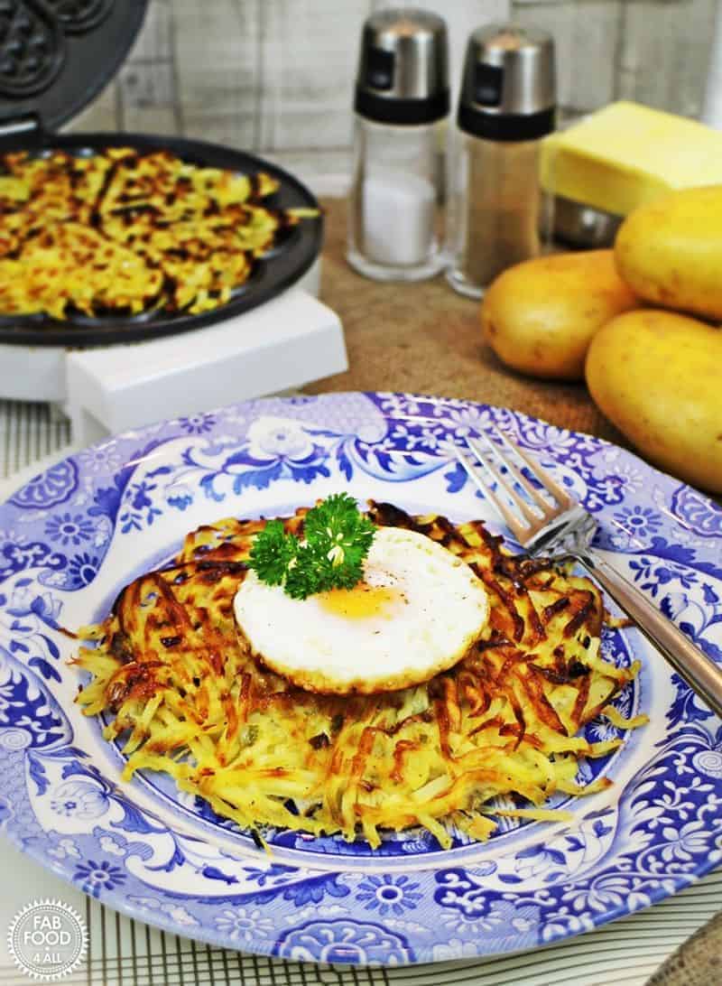 Waffle iron potatoes on a blue plate