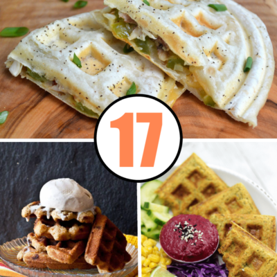 Three waffle iron recipes on a table