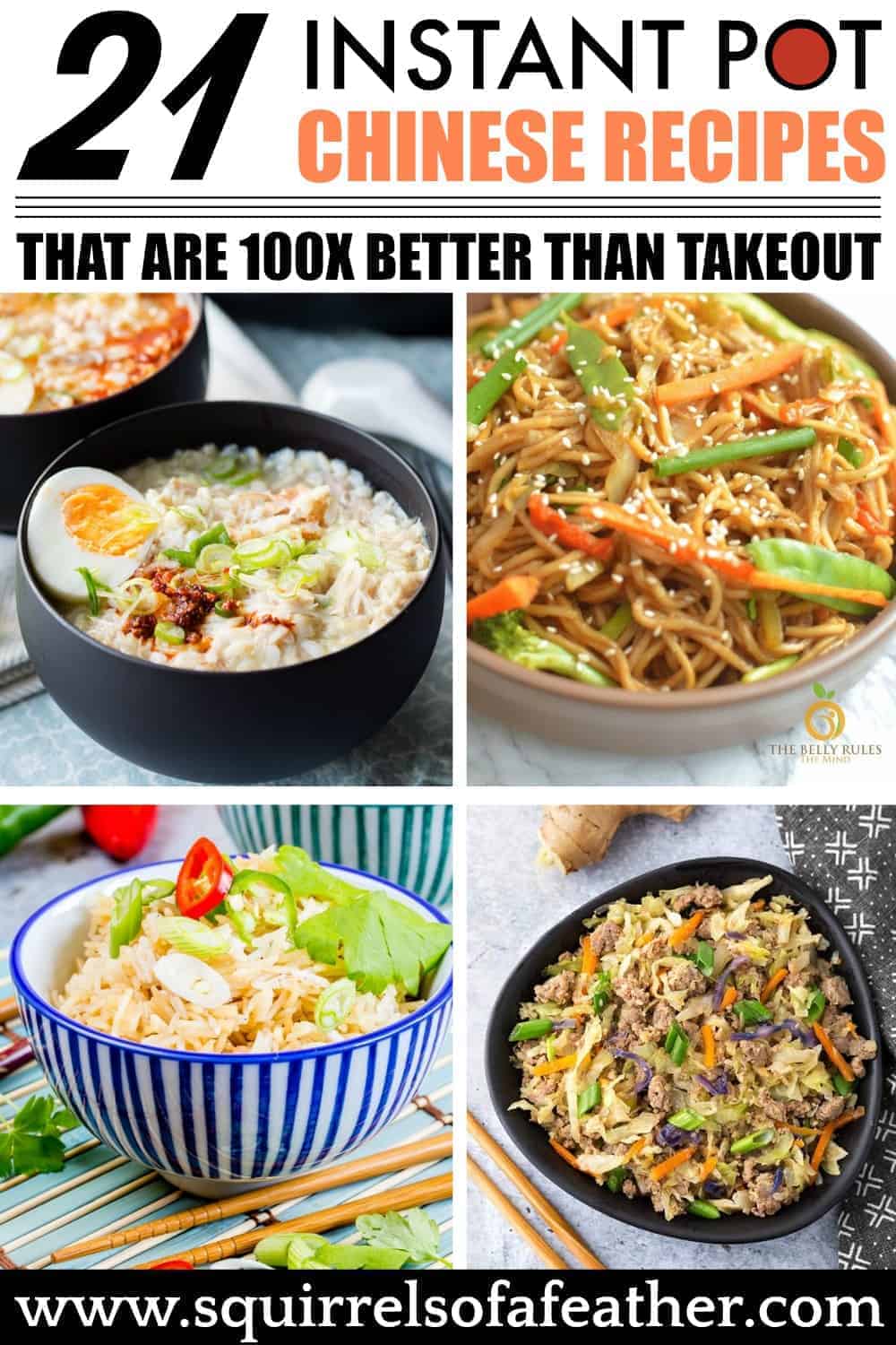 Four bowls of Chinese Instant Pot recipe foods on a table