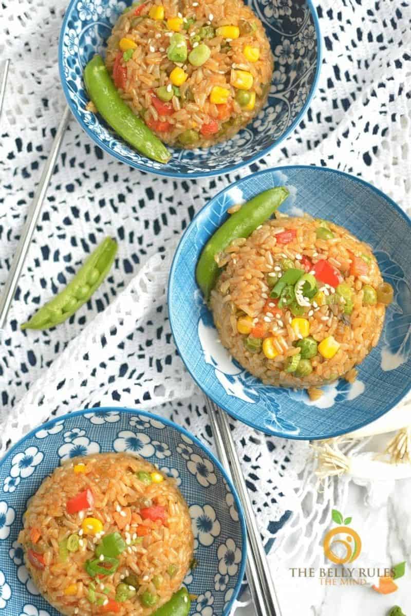 Flat lay of teriyaki rice on a table