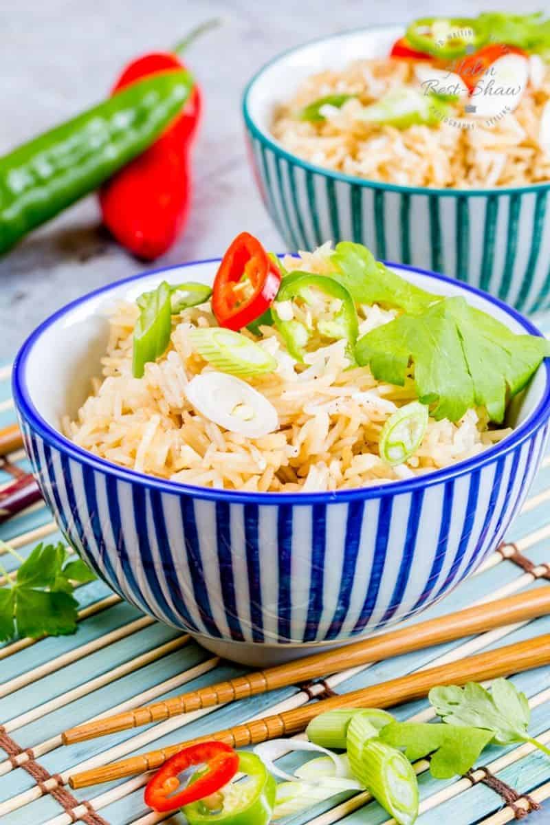 Two colorful bowls of Instant Pot Chinese rice