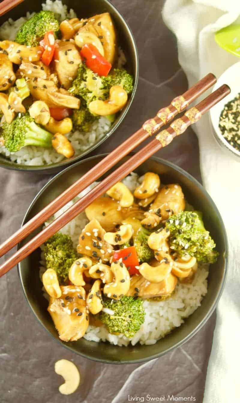 Flat lay of Instant Pot cashew chicken on a table