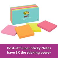 Post-it Super Sticky Notes, Blue, Pink, Green, Orange, Sticks and Resticks, 3 in. x 3 in, 12 Pads/Pack, 90 Sheets/Pad (654-12SSMIA)