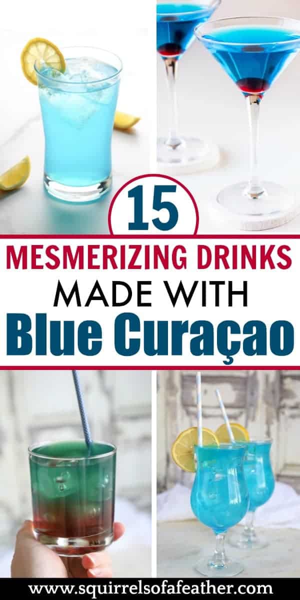 Four blue curaçao drink recipes on a table