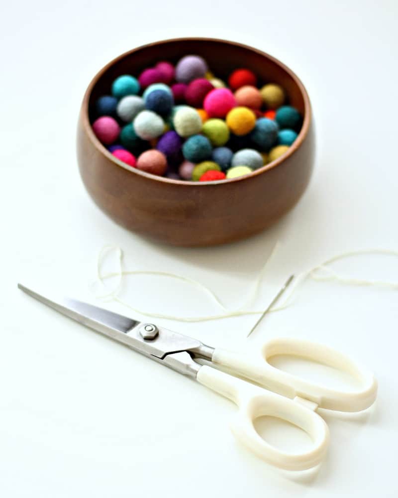 Close up of felt balls used to make garland