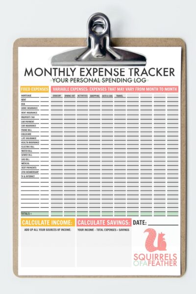 Close up of a monthly budget printable expense tracking worksheet