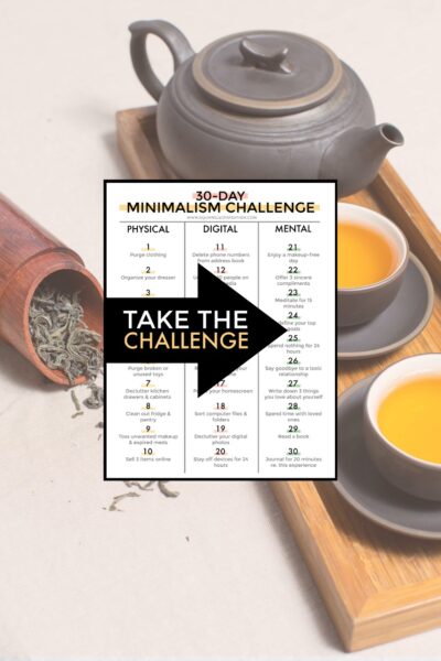 A minimalism challenge printable overlayed on a zen minimalist tea set