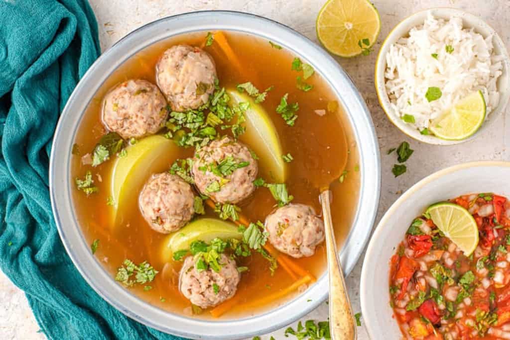 Close up of ground beef meatball soup
