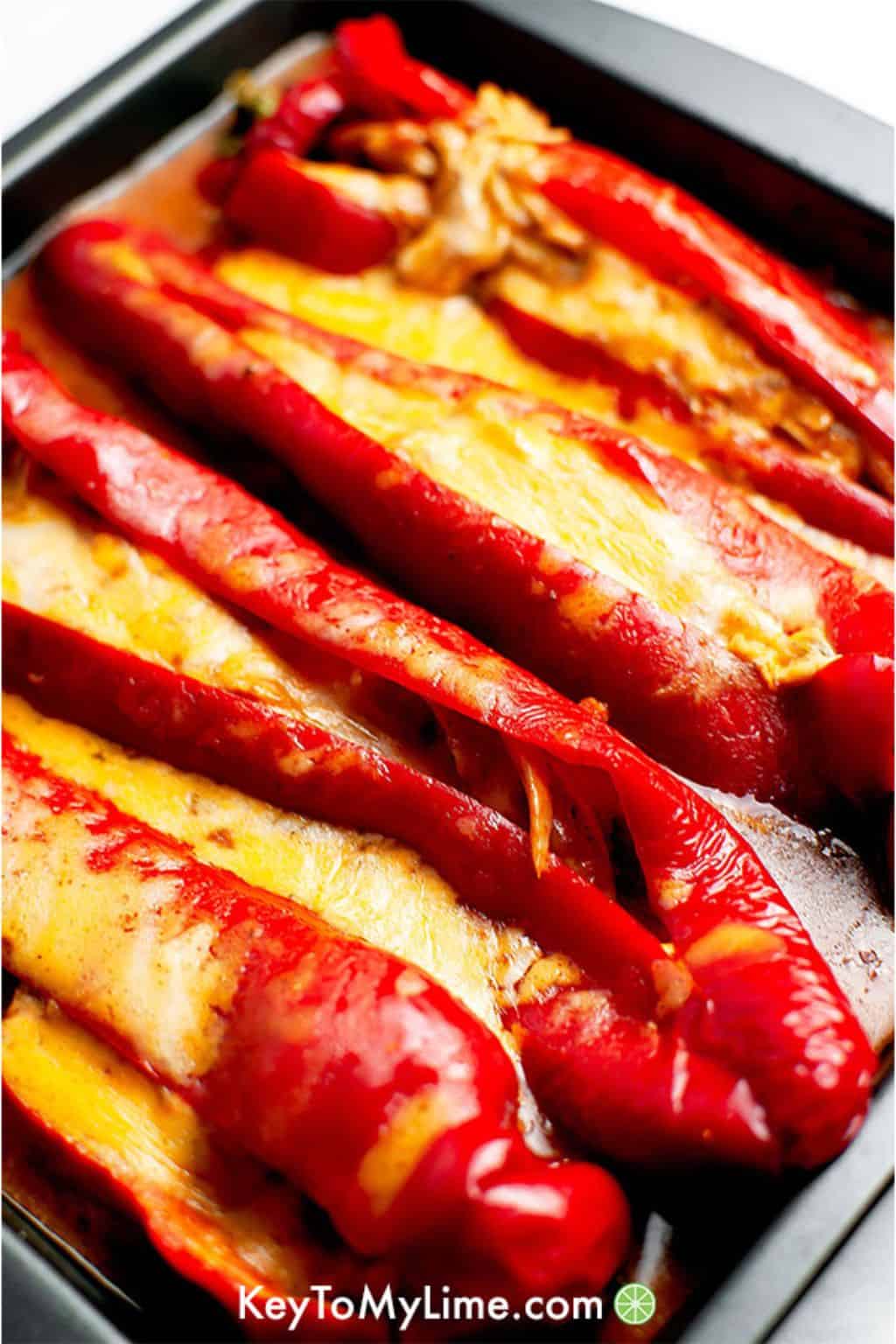 Close up of peppers stuffed with chicken for dinner