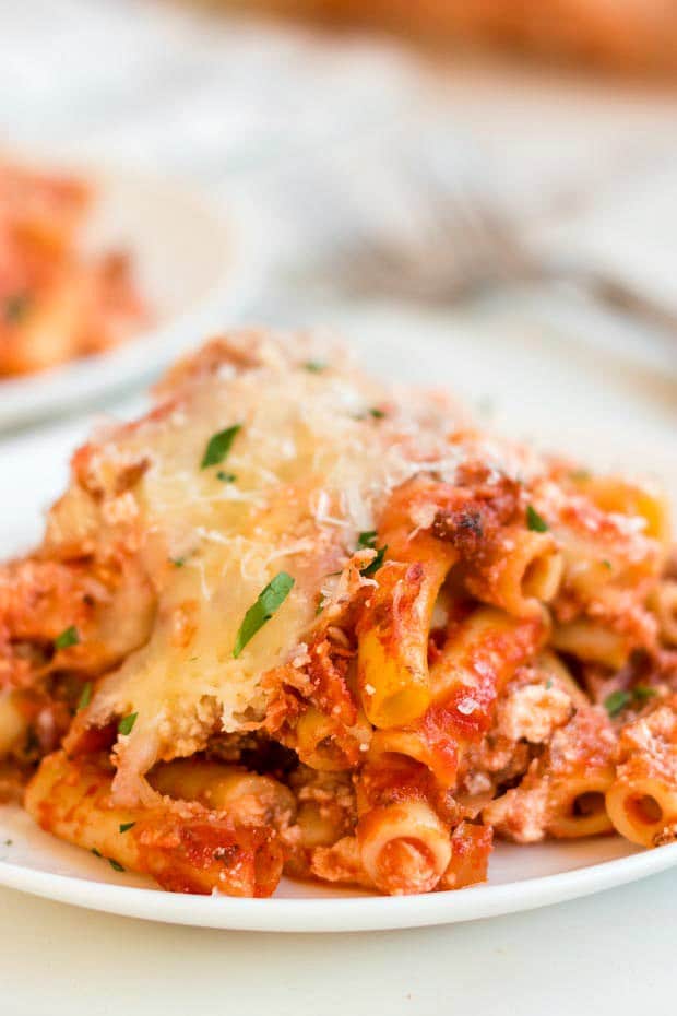Close up of easy and cheap baked ziti