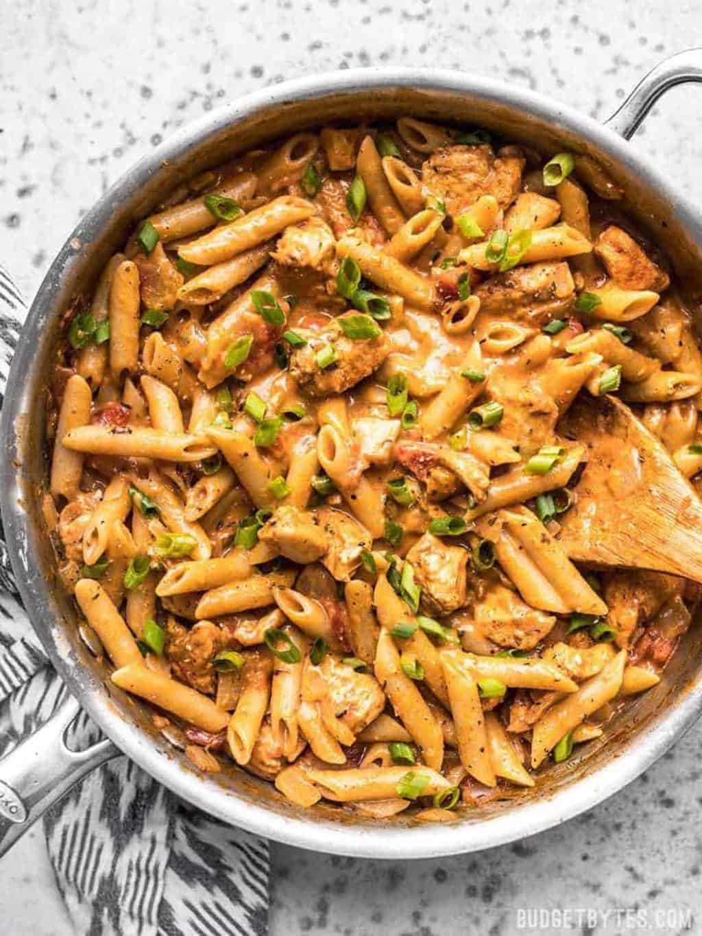 Flat lay of a spicy pasta dinner in a pan