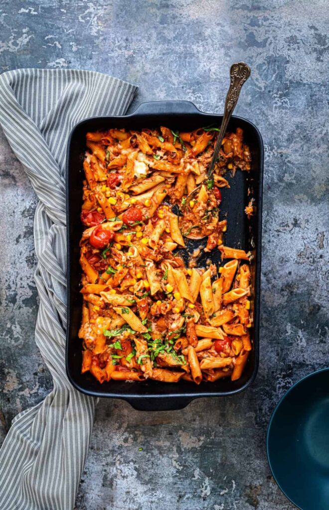 Flat lay of a tuna casserole dish