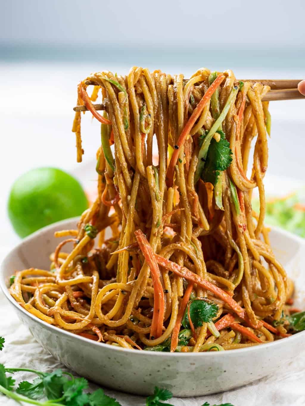 Vegan Thai noodles made with peanut butter and spaghetti