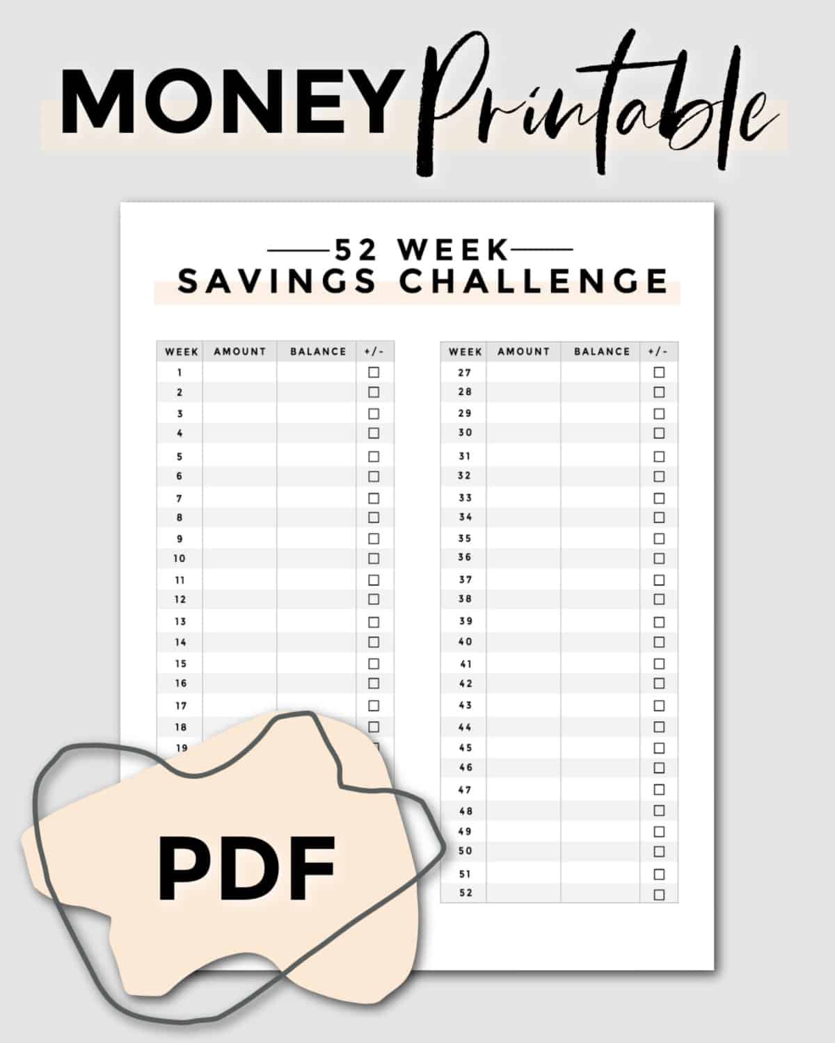 A 52-week money challenge printable