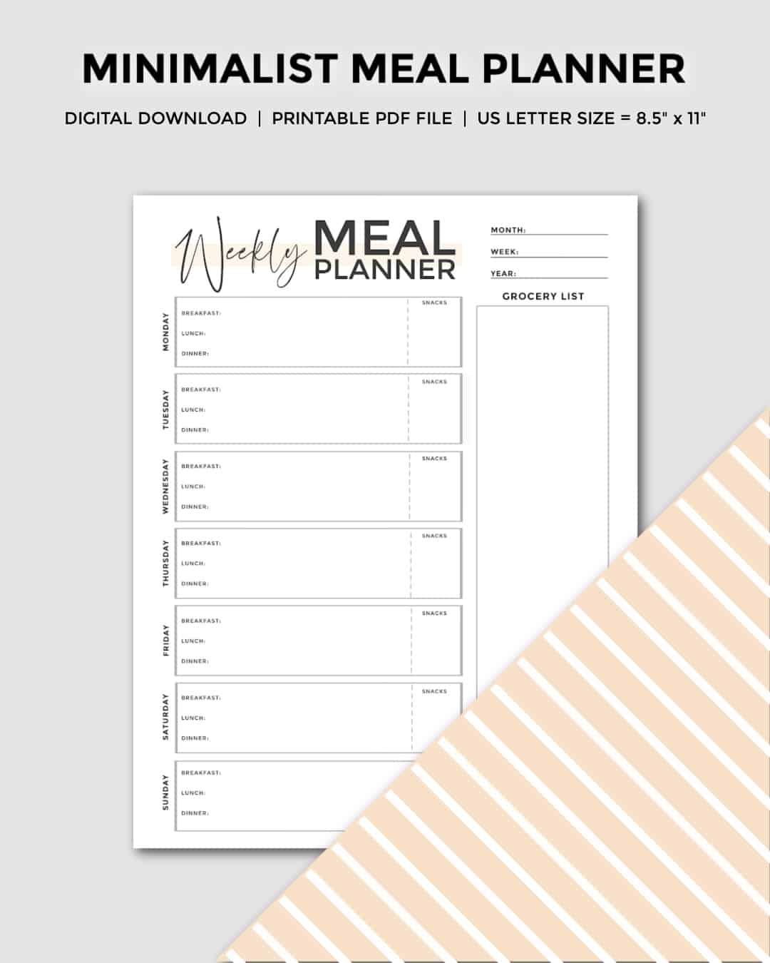 A weekly minimalist meal planner printable