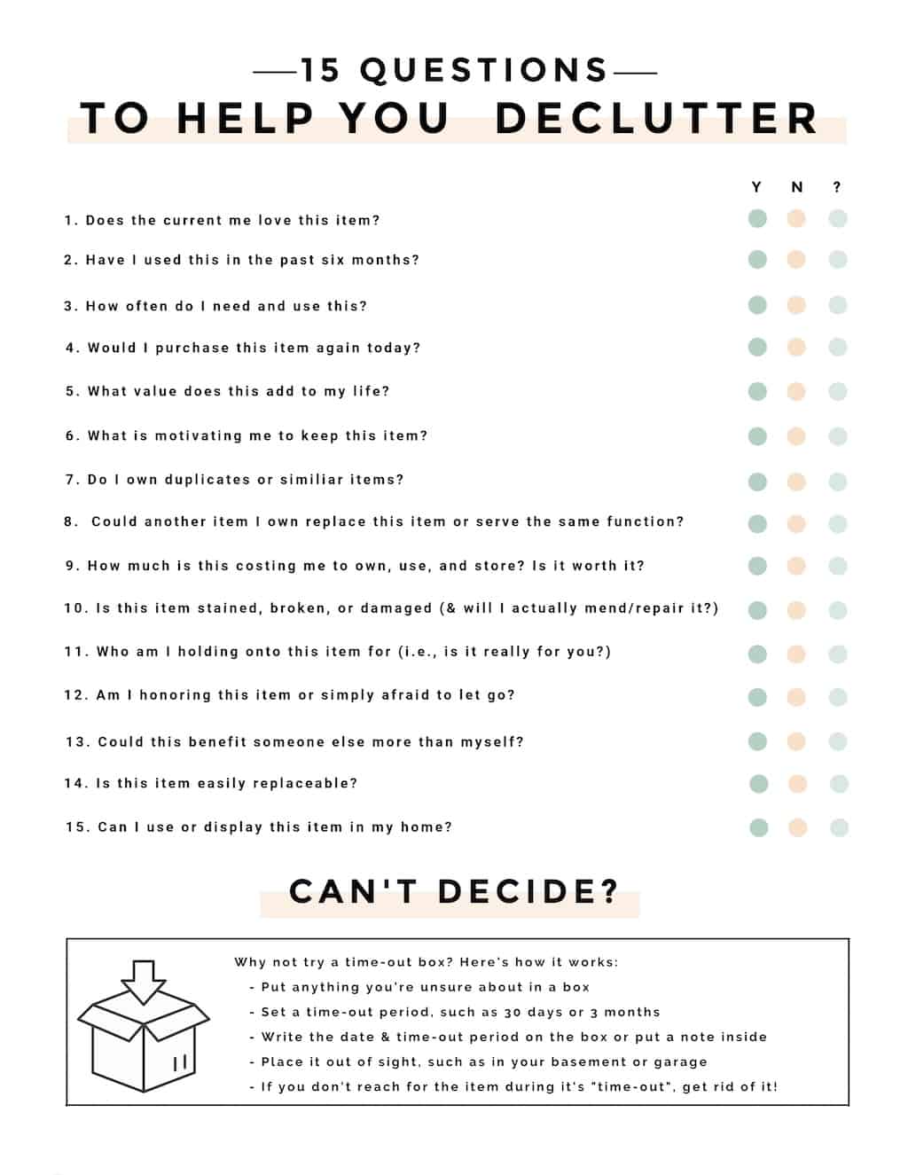 A printable checklist with decluttering questions