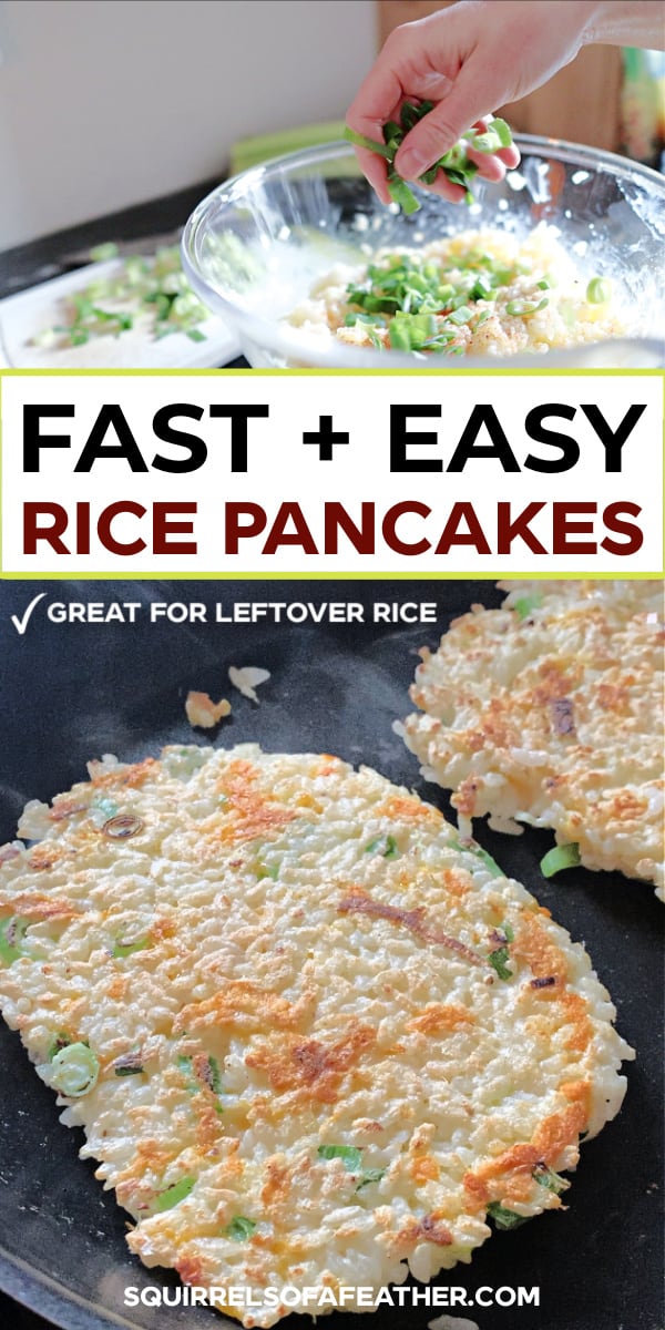 A woman showing how to make rice pancakes out of leftover rice and green onions the easy way